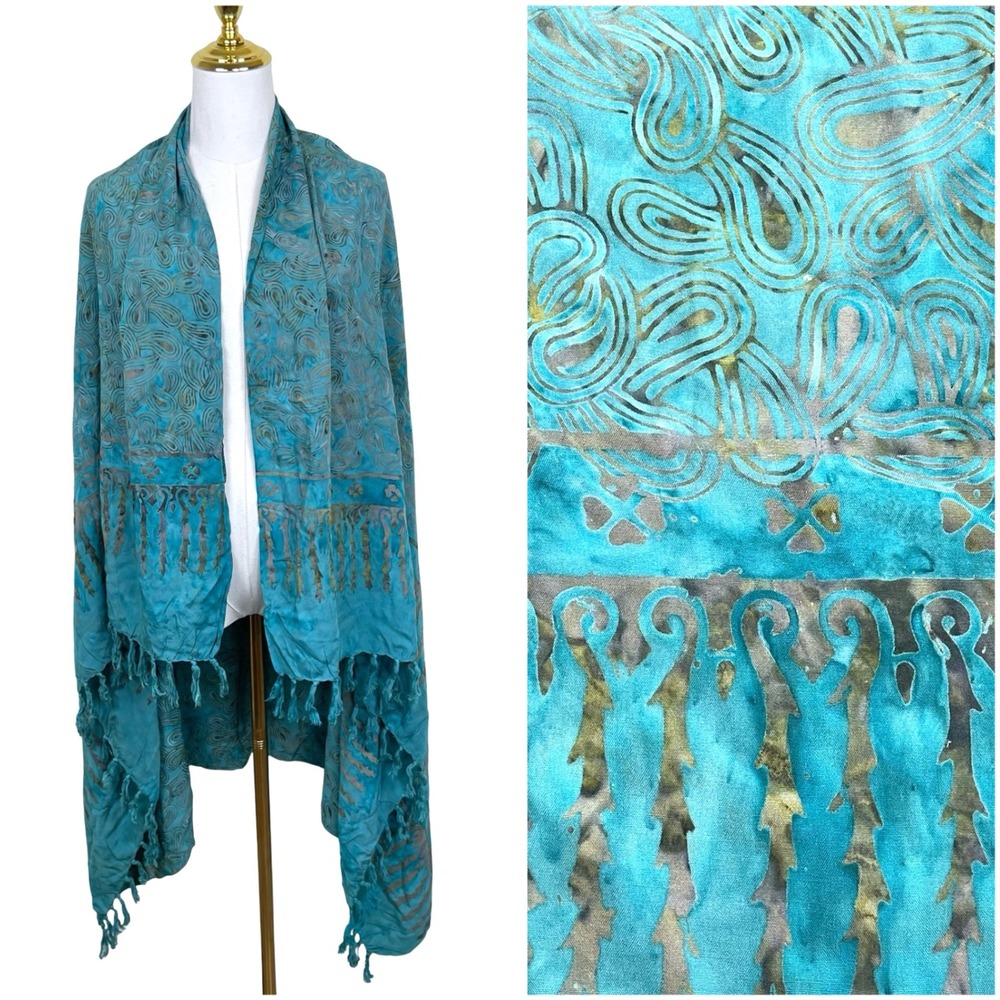 Tangerine Temple Batik Paisley Scarf Women Teal Blue Tassel Fringe Shawl Boho